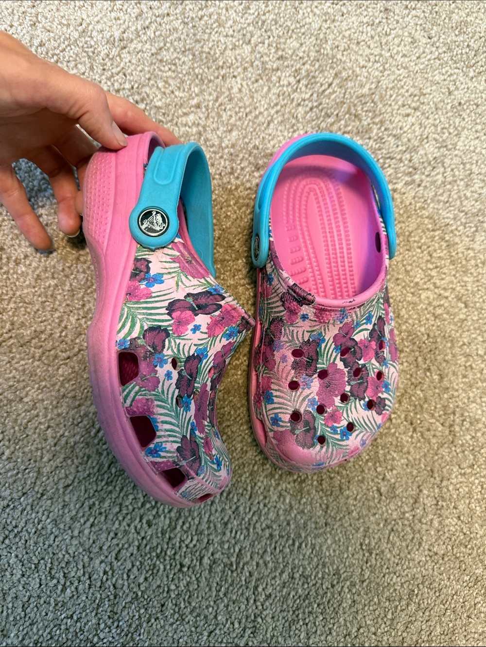 CROCS Kids Floral Clog with Pink and Aqua Strap